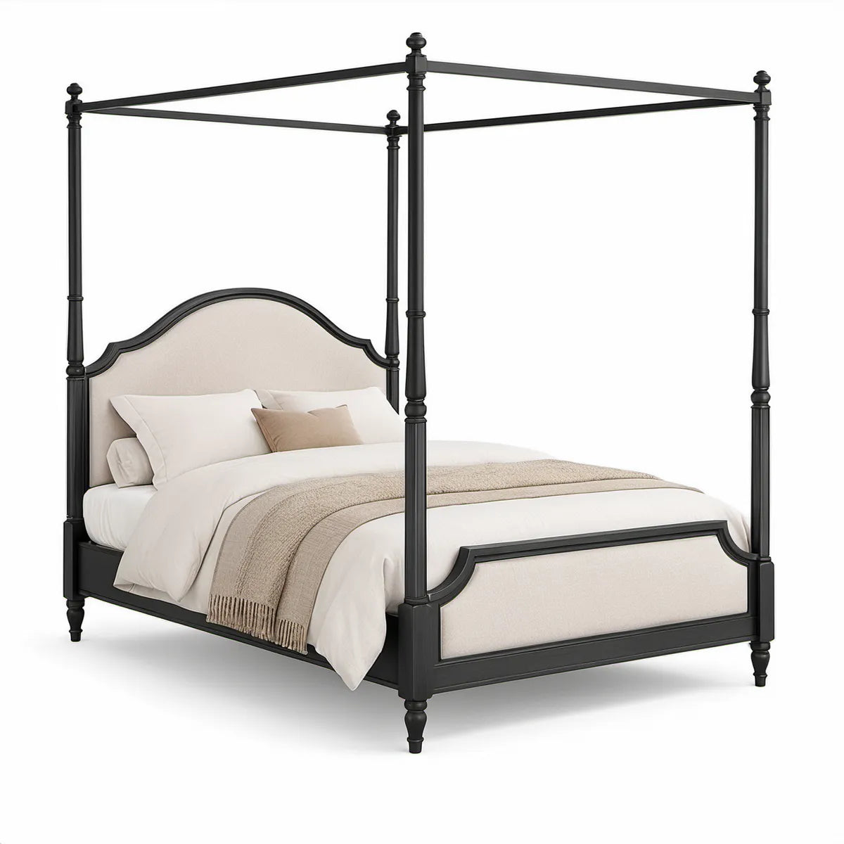 Himmelbett aus Gummibaum-Massivholz mit Polsterung, 160 x 200 cm, Schwarz/Beige