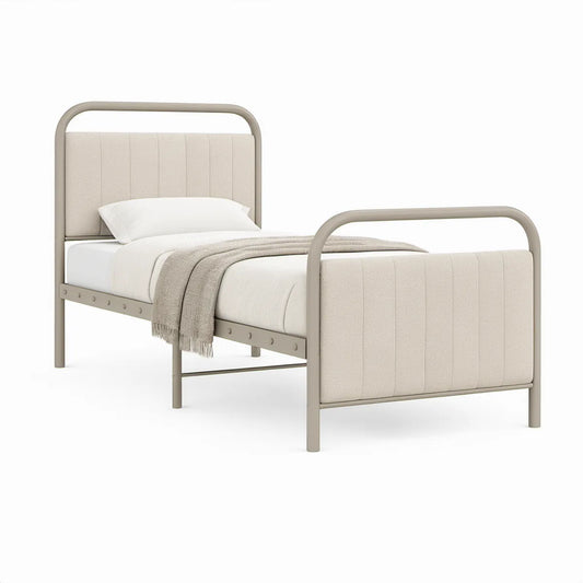 Einzelbett 90 x 200 cm mit gepolstertem Kopf- und Fussteil, Taupe/Beige