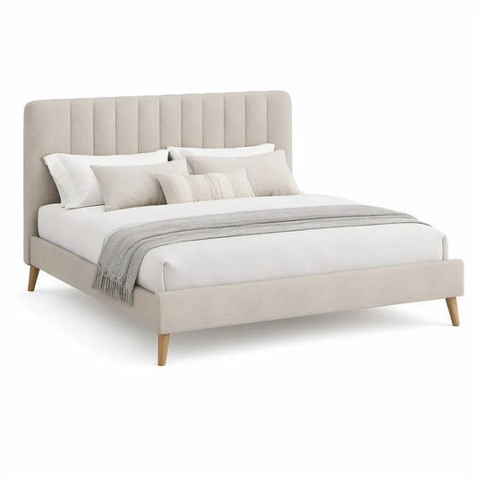 Gepolstertes Doppelbett 160 x 200 cm in Beige mit Naturholzfüssen