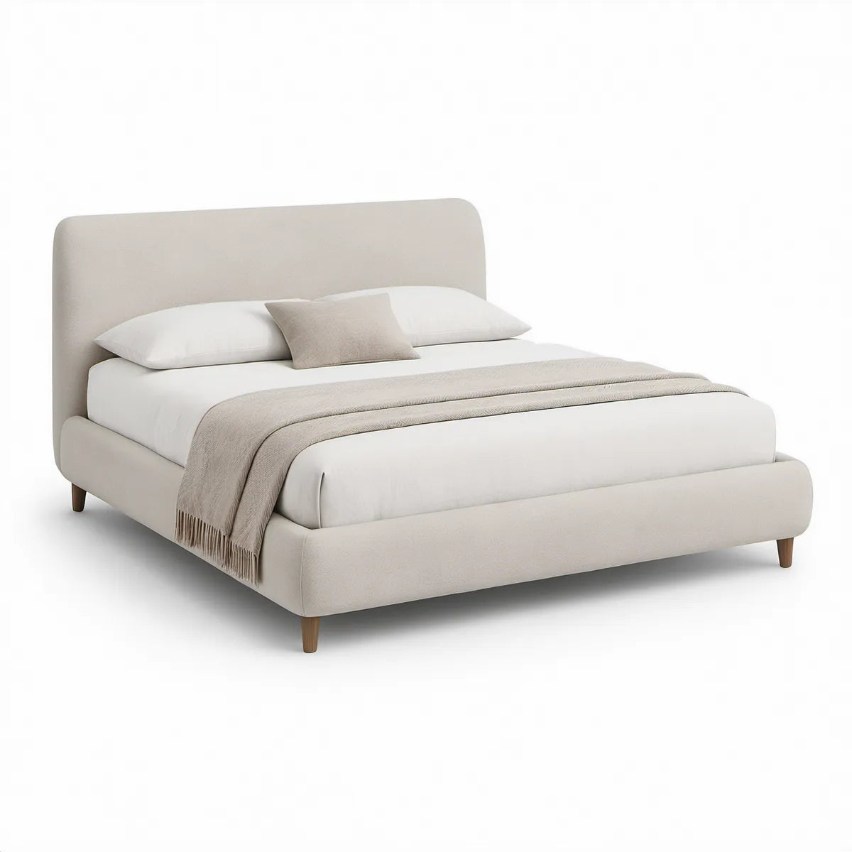 Gepolstertes Bettgestell 160 x 200 cm mit abgerundetem Kopfteil, Beige
